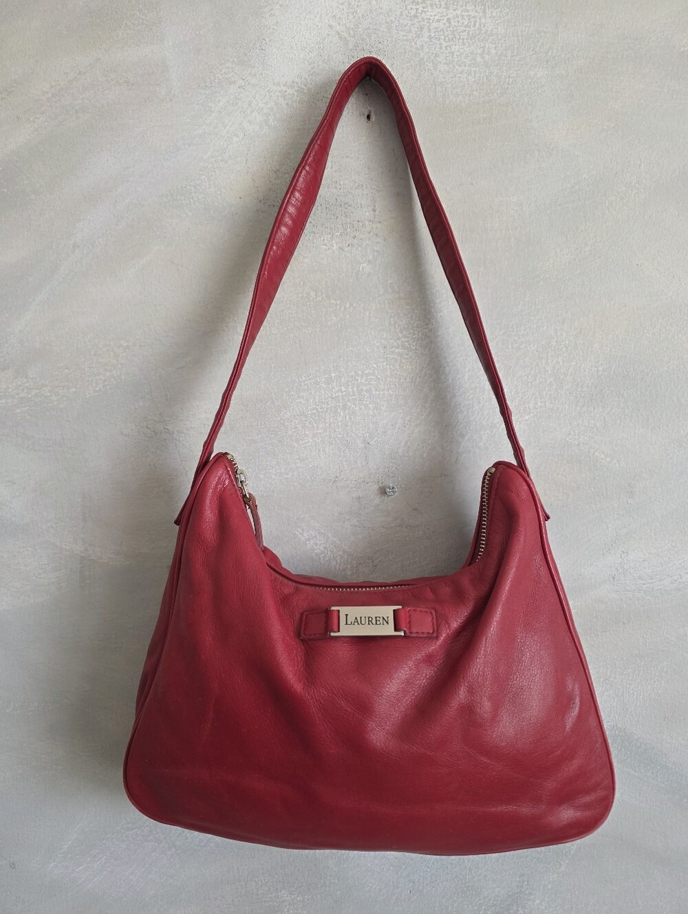 Lauren Ralph Lauren Red Leather Shoulder Hobo Bag Silver Accent Purse Slouchy